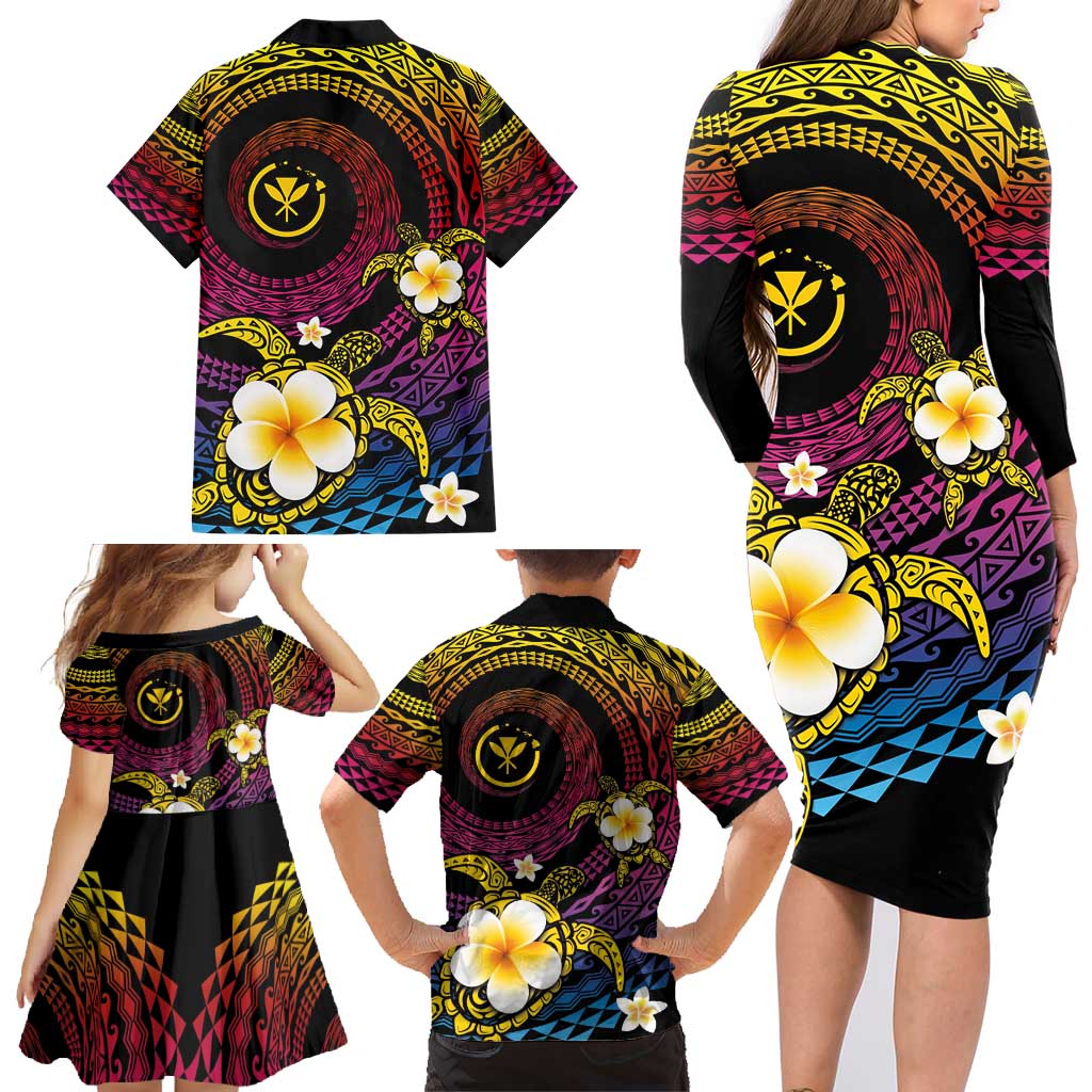 Hawaiian Plumeria Turtle Tribal Spiral Polynesian Tattoo Family Matching Long Sleeve Bodycon Dress and Hawaiian Shirt Fanciful Color LT03 - Polynesian Pride
