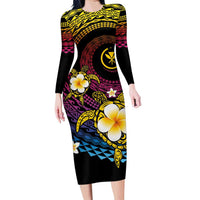 Hawaiian Plumeria Turtle Tribal Spiral Polynesian Tattoo Family Matching Long Sleeve Bodycon Dress and Hawaiian Shirt Fanciful Color LT03 Mom's Dress Gradient - Polynesian Pride