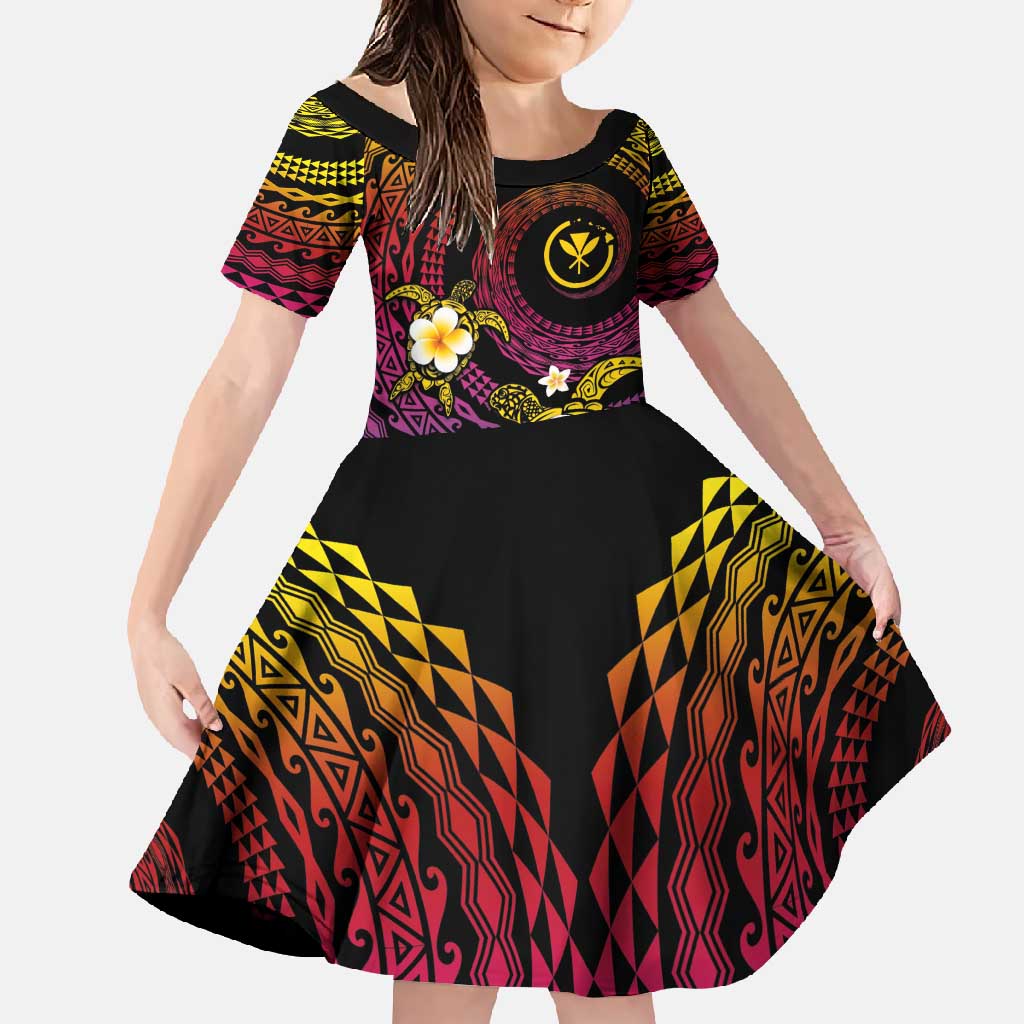 Hawaiian Plumeria Turtle Tribal Spiral Polynesian Tattoo Family Matching Mermaid Dress and Hawaiian Shirt Fanciful Color LT03 Daughter's Dress Gradient - Polynesian Pride