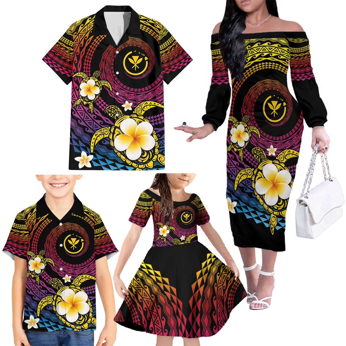Hawaiian Plumeria Turtle Tribal Spiral Polynesian Tattoo Family Matching Off The Shoulder Long Sleeve Dress and Hawaiian Shirt Fanciful Color LT03 - Polynesian Pride