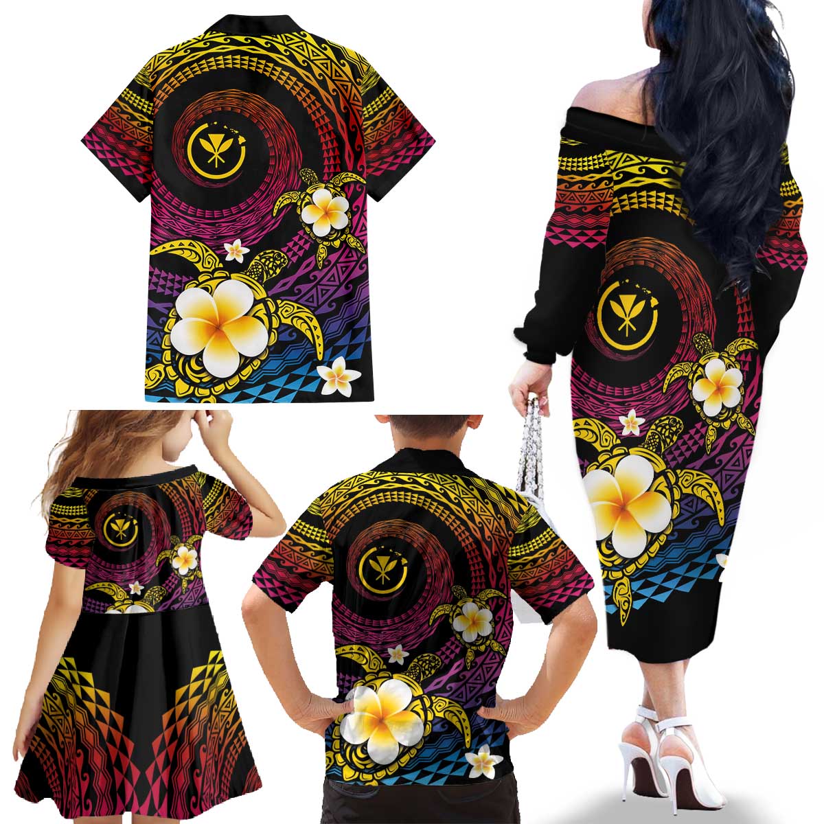 Hawaiian Plumeria Turtle Tribal Spiral Polynesian Tattoo Family Matching Off The Shoulder Long Sleeve Dress and Hawaiian Shirt Fanciful Color LT03 - Polynesian Pride