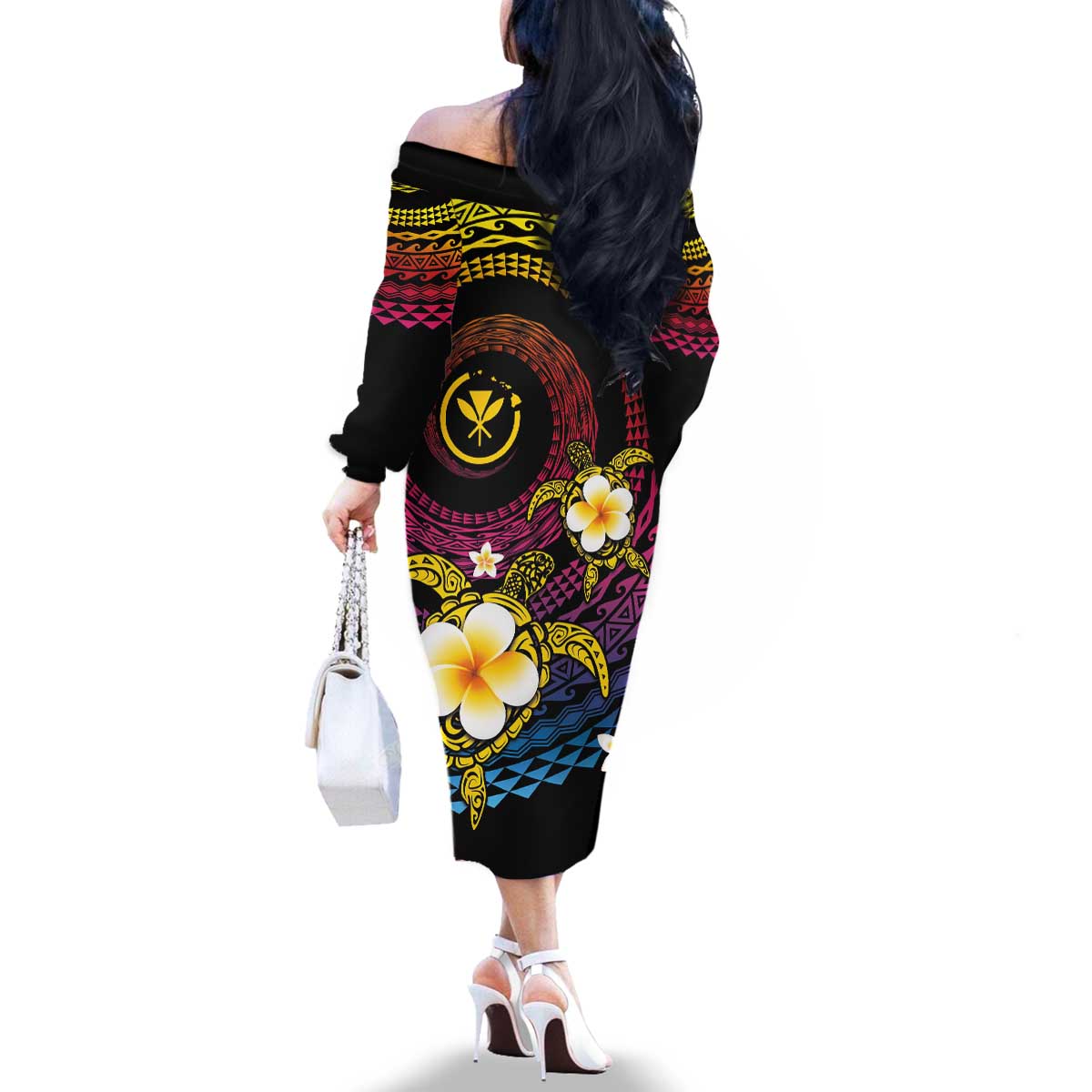 Hawaiian Plumeria Turtle Tribal Spiral Polynesian Tattoo Family Matching Off The Shoulder Long Sleeve Dress and Hawaiian Shirt Fanciful Color LT03 - Polynesian Pride