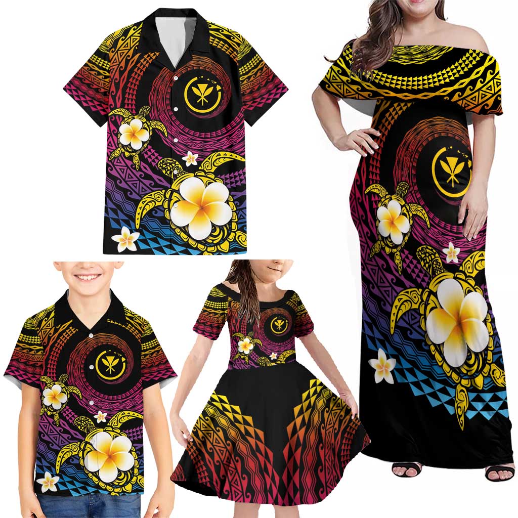 Hawaiian Plumeria Turtle Tribal Spiral Polynesian Tattoo Family Matching Off Shoulder Maxi Dress and Hawaiian Shirt Fanciful Color LT03 - Polynesian Pride