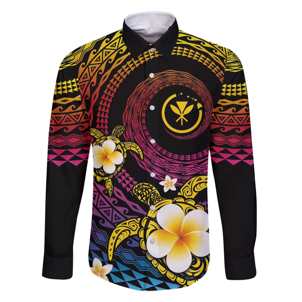 Hawaiian Plumeria Turtle Tribal Spiral Polynesian Tattoo Family Matching Off Shoulder Maxi Dress and Hawaiian Shirt Fanciful Color LT03 Dad's Shirt - Long Sleeve Gradient - Polynesian Pride