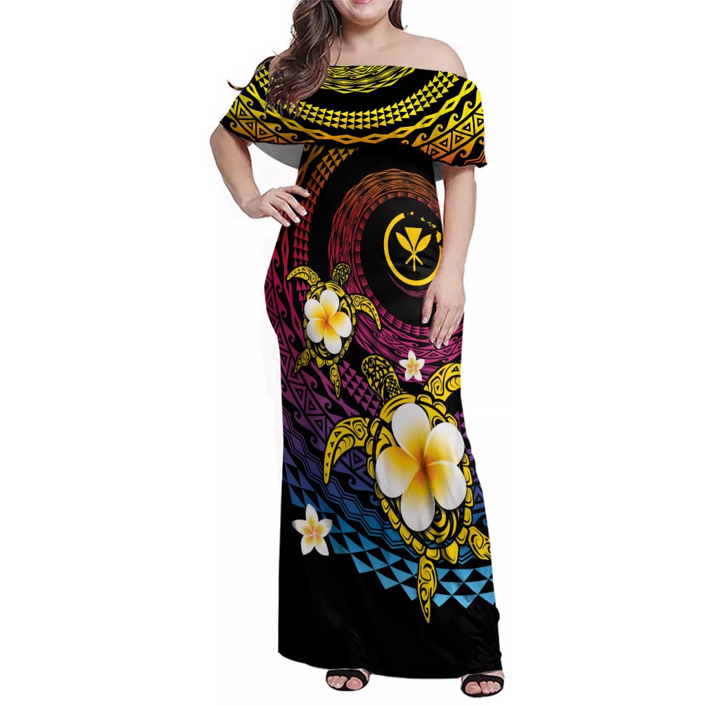 Hawaiian Plumeria Turtle Tribal Spiral Polynesian Tattoo Family Matching Off Shoulder Maxi Dress and Hawaiian Shirt Fanciful Color LT03 Mom's Dress Gradient - Polynesian Pride