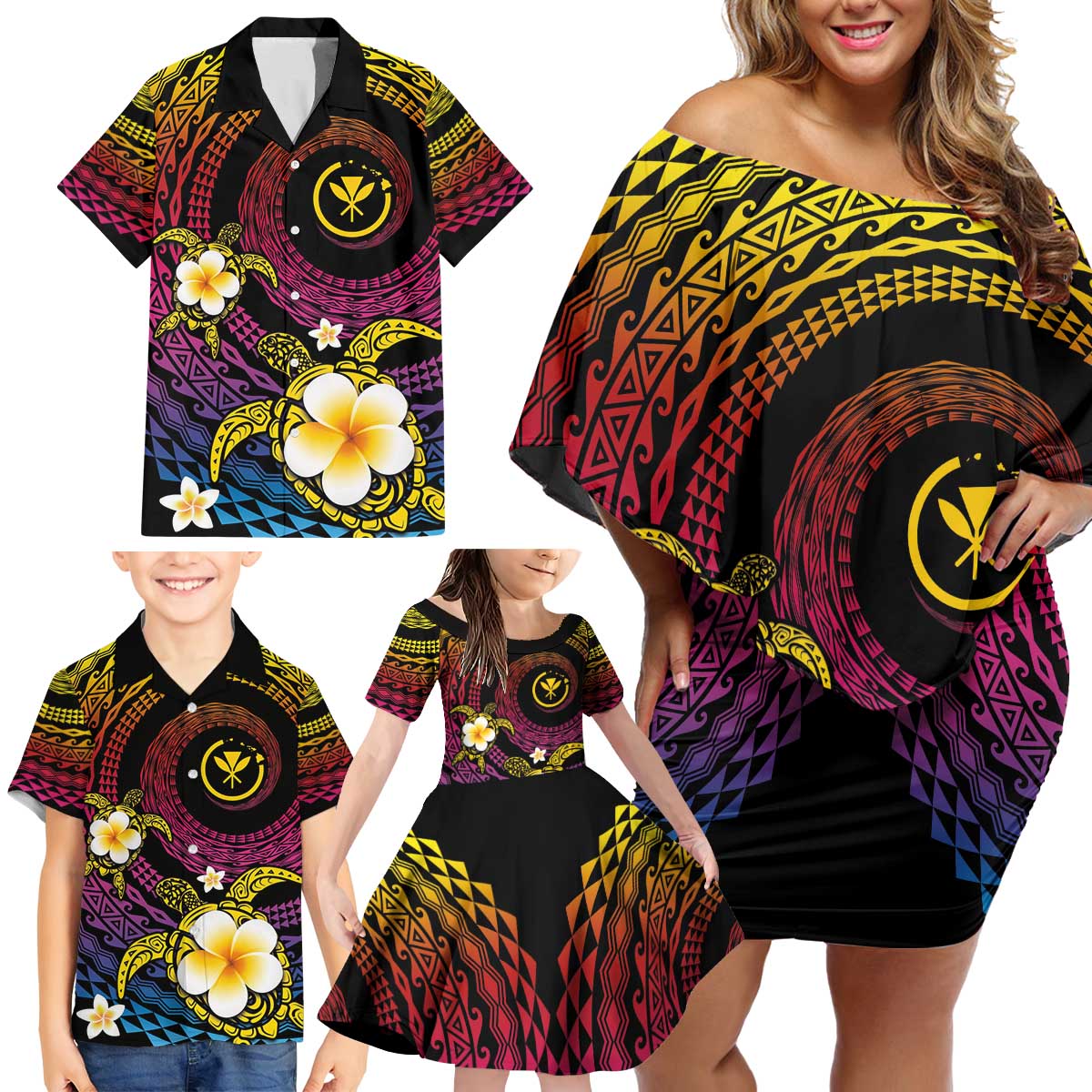 Hawaiian Plumeria Turtle Tribal Spiral Polynesian Tattoo Family Matching Off Shoulder Short Dress and Hawaiian Shirt Fanciful Color LT03 - Polynesian Pride