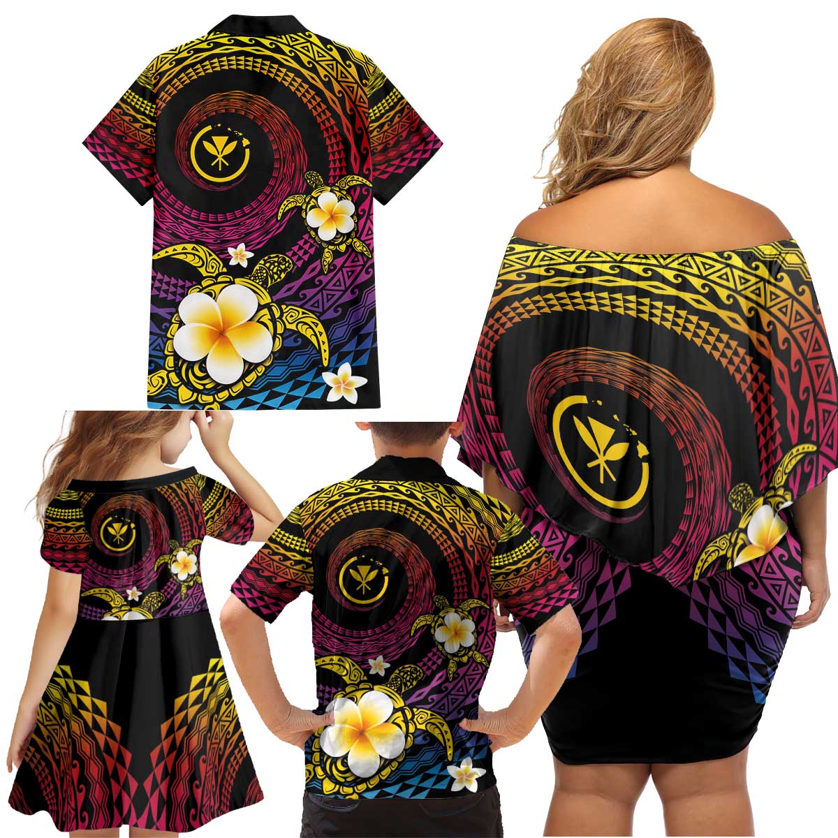Hawaiian Plumeria Turtle Tribal Spiral Polynesian Tattoo Family Matching Off Shoulder Short Dress and Hawaiian Shirt Fanciful Color LT03 - Polynesian Pride