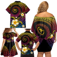 Hawaiian Plumeria Turtle Tribal Spiral Polynesian Tattoo Family Matching Off Shoulder Short Dress and Hawaiian Shirt Fanciful Color LT03 - Polynesian Pride