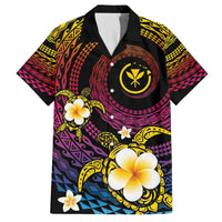 Hawaiian Plumeria Turtle Tribal Spiral Polynesian Tattoo Family Matching Off Shoulder Short Dress and Hawaiian Shirt Fanciful Color LT03 Dad's Shirt - Short Sleeve Gradient - Polynesian Pride