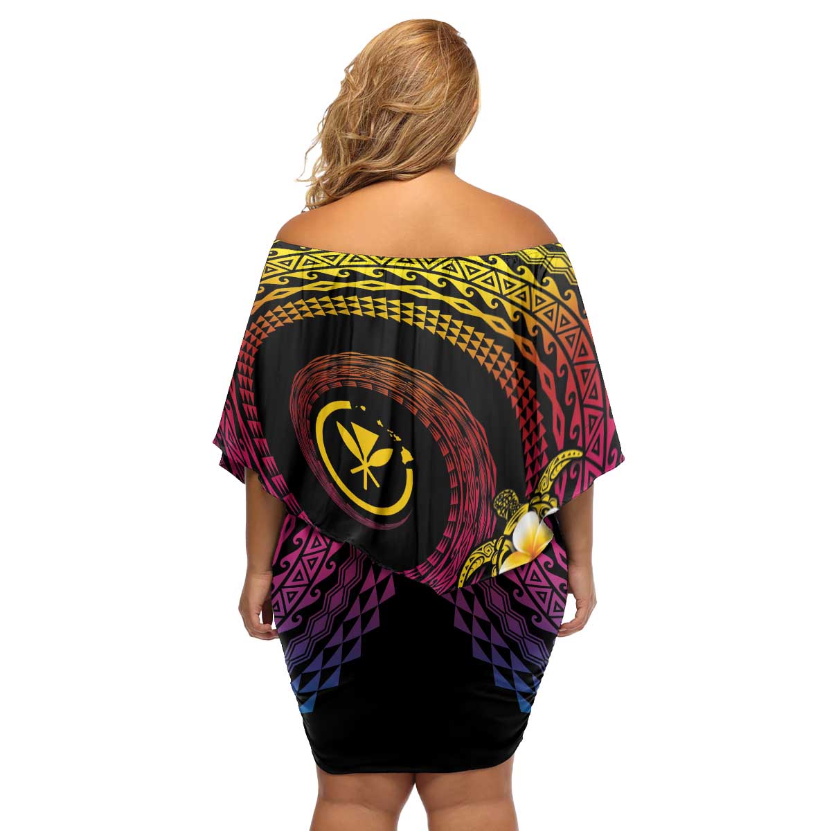Hawaiian Plumeria Turtle Tribal Spiral Polynesian Tattoo Family Matching Off Shoulder Short Dress and Hawaiian Shirt Fanciful Color LT03 - Polynesian Pride