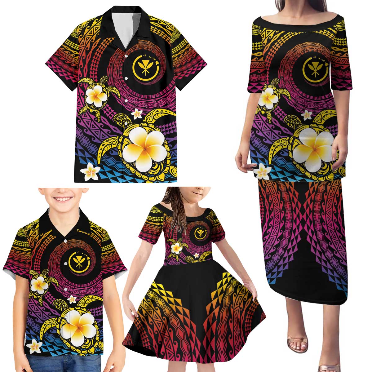 Hawaiian Plumeria Turtle Tribal Spiral Polynesian Tattoo Family Matching Puletasi and Hawaiian Shirt Fanciful Color LT03 - Polynesian Pride