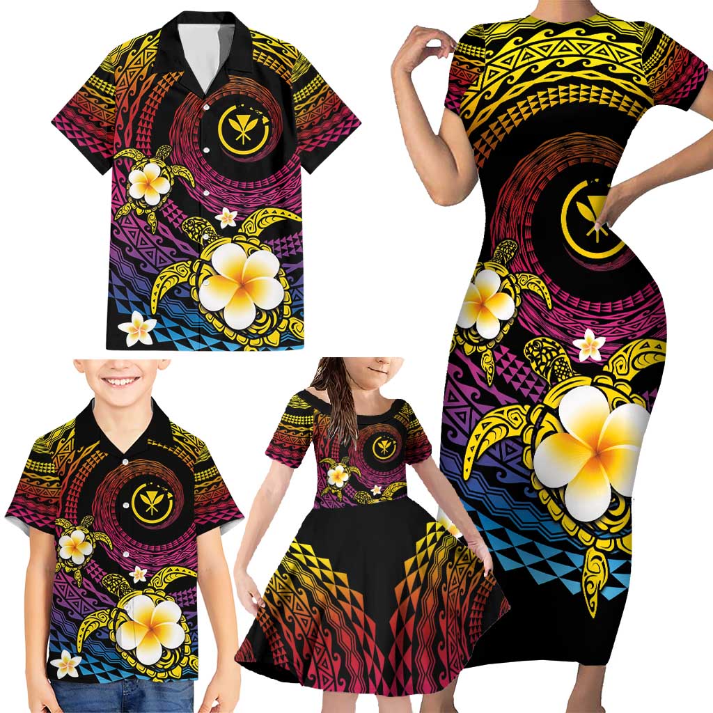 Hawaiian Plumeria Turtle Tribal Spiral Polynesian Tattoo Family Matching Short Sleeve Bodycon Dress and Hawaiian Shirt Fanciful Color LT03 - Polynesian Pride