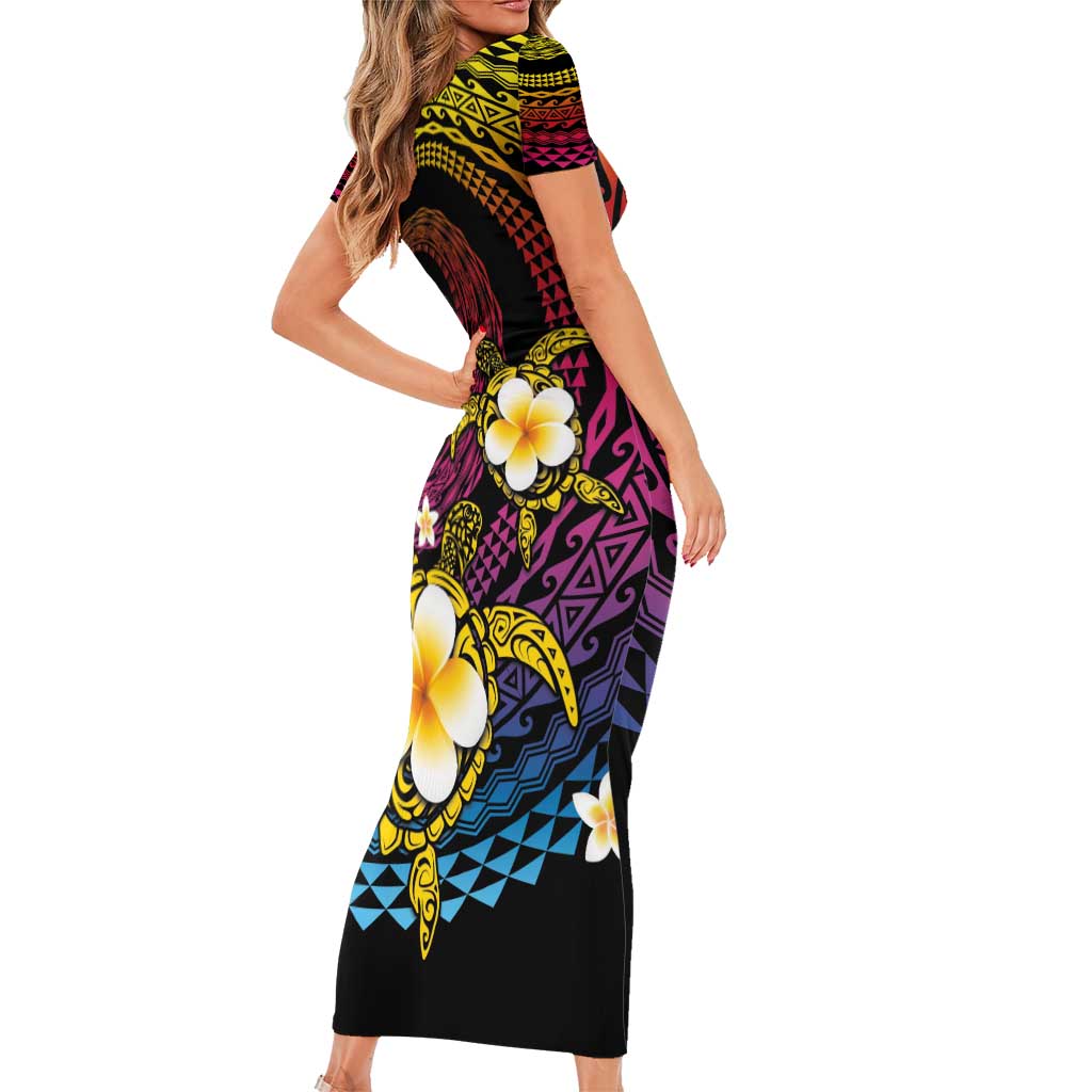 Hawaiian Plumeria Turtle Tribal Spiral Polynesian Tattoo Family Matching Short Sleeve Bodycon Dress and Hawaiian Shirt Fanciful Color LT03 - Polynesian Pride