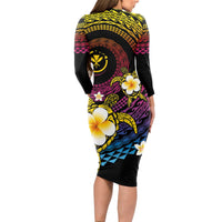 Hawaiian Plumeria Turtle Tribal Spiral Polynesian Tattoo Long Sleeve Bodycon Dress Fanciful Color LT03 - Polynesian Pride