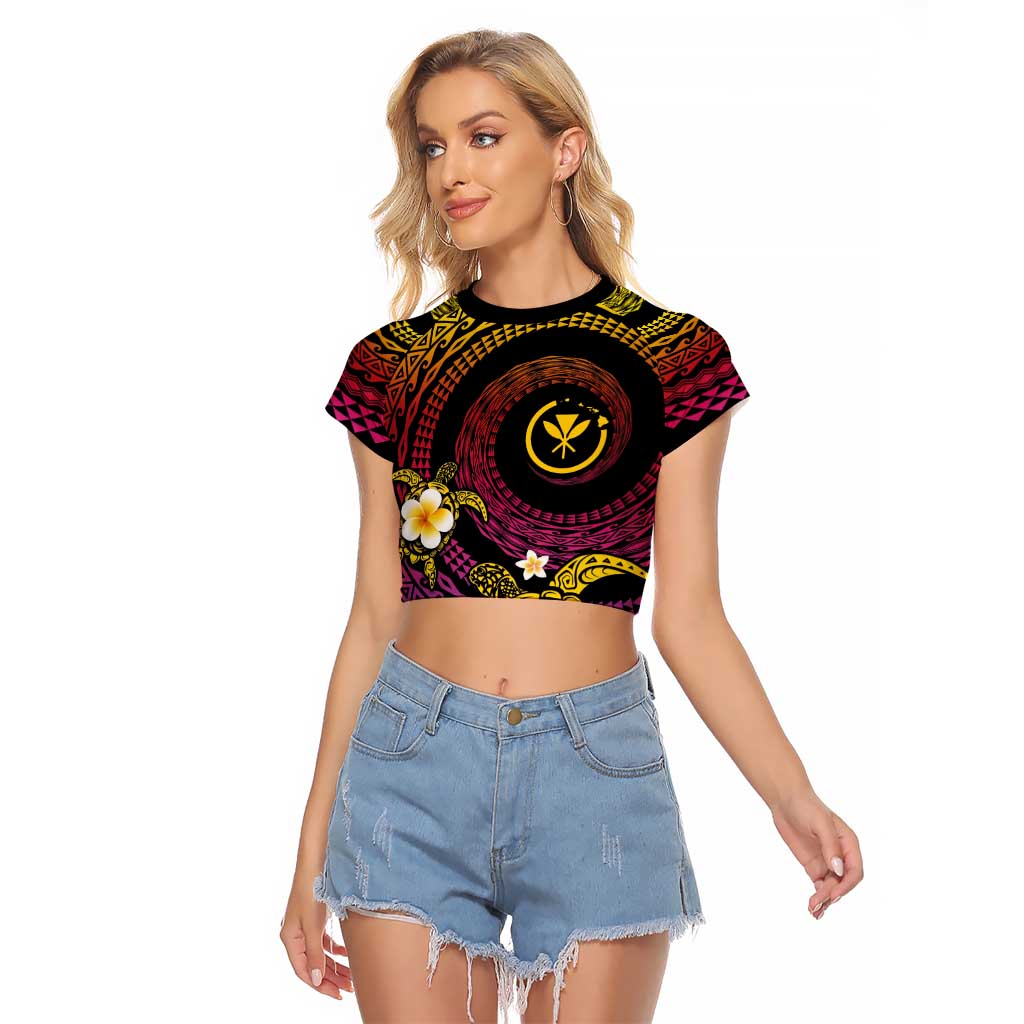 Hawaiian Plumeria Turtle Tribal Spiral Polynesian Tattoo Raglan Cropped T Shirt Fanciful Color
