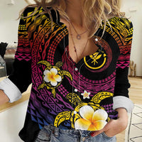 Hawaiian Plumeria Turtle Tribal Spiral Polynesian Tattoo Women Casual Shirt Fanciful Color LT03 Female Gradient - Polynesian Pride