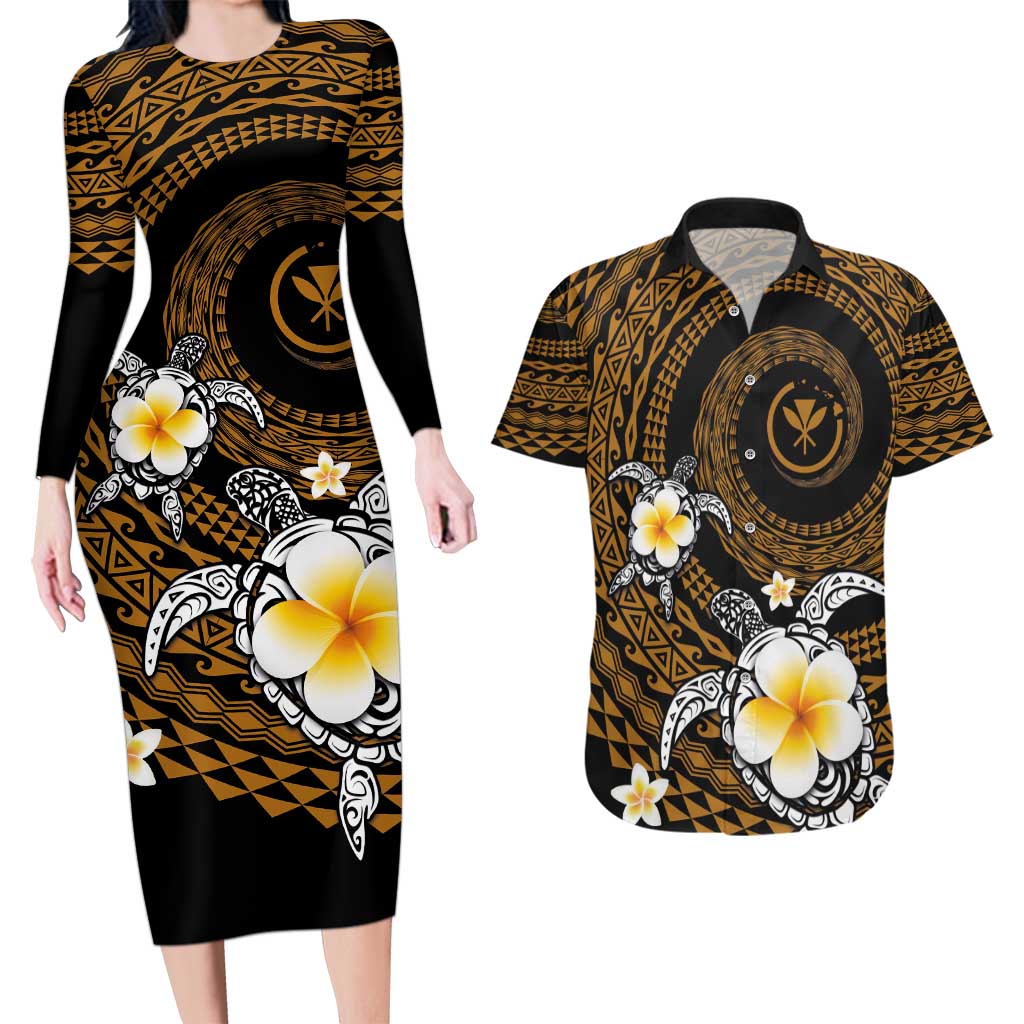 Hawaiian Plumeria Turtle Tribal Spiral Polynesian Tattoo Couples Matching Long Sleeve Bodycon Dress and Hawaiian Shirt Gold Color LT03 Gold - Polynesian Pride