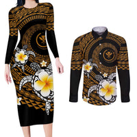 Hawaiian Plumeria Turtle Tribal Spiral Polynesian Tattoo Couples Matching Long Sleeve Bodycon Dress and Long Sleeve Button Shirt Gold Color LT03 Gold - Polynesian Pride