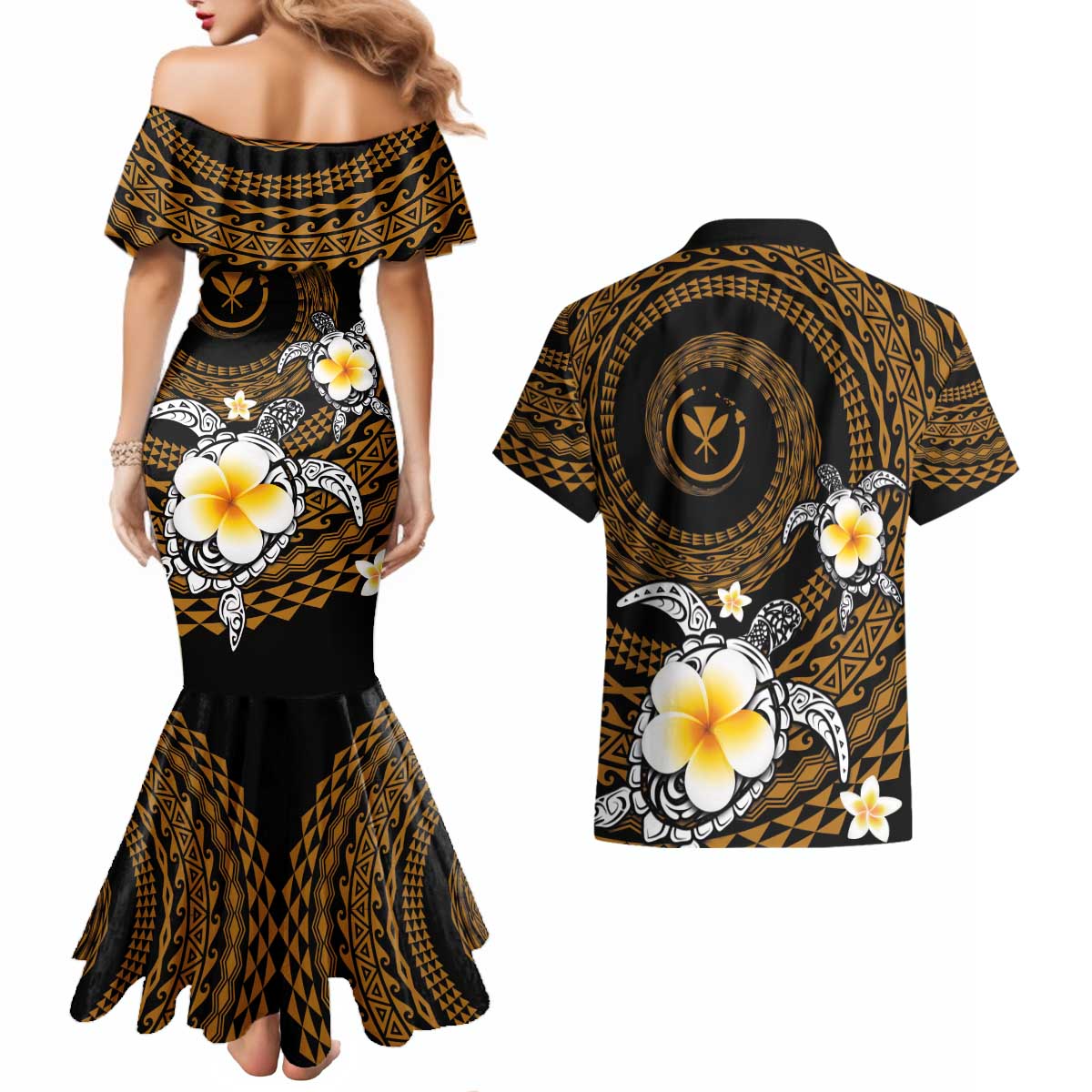 Hawaiian Plumeria Turtle Tribal Spiral Polynesian Tattoo Couples Matching Mermaid Dress and Hawaiian Shirt Gold Color LT03 - Polynesian Pride