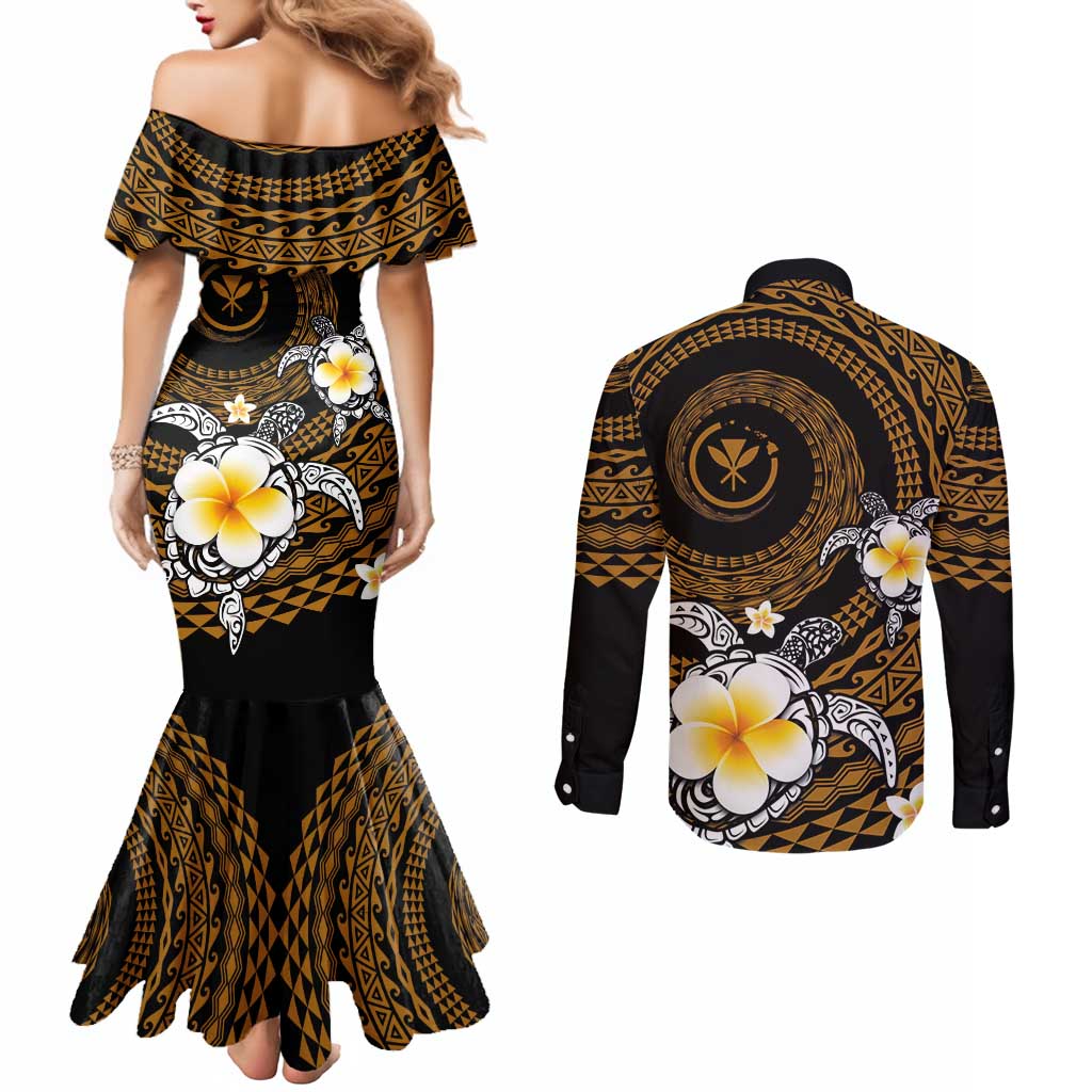 Hawaiian Plumeria Turtle Tribal Spiral Polynesian Tattoo Couples Matching Mermaid Dress and Long Sleeve Button Shirt Gold Color LT03 - Polynesian Pride