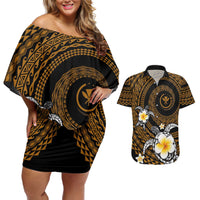 Hawaiian Plumeria Turtle Tribal Spiral Polynesian Tattoo Couples Matching Off Shoulder Short Dress and Hawaiian Shirt Gold Color LT03 Gold - Polynesian Pride