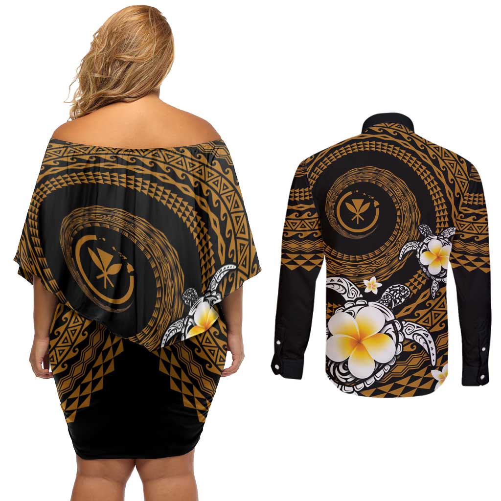 Hawaiian Plumeria Turtle Tribal Spiral Polynesian Tattoo Couples Matching Off Shoulder Short Dress and Long Sleeve Button Shirt Gold Color LT03 - Polynesian Pride