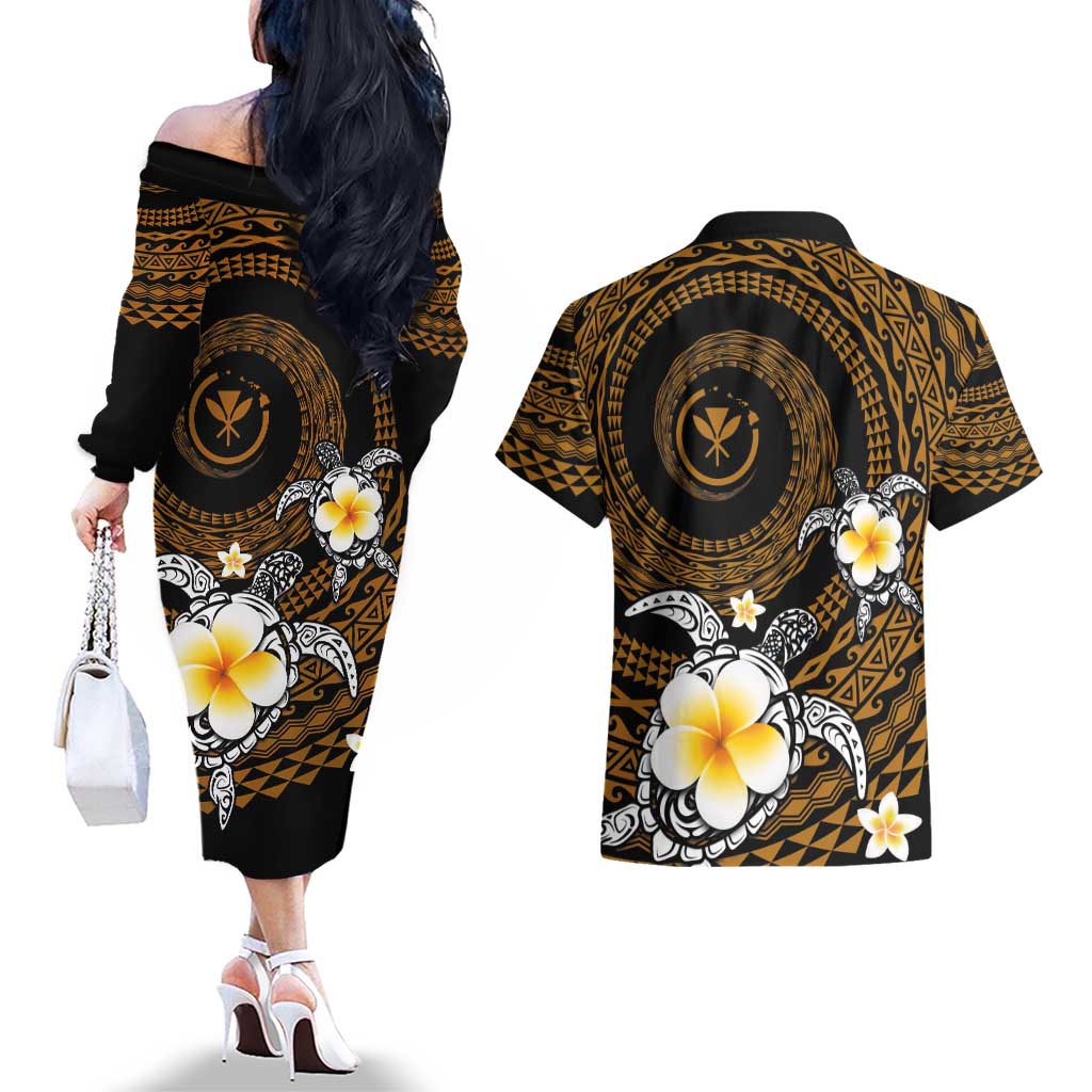 Hawaiian Plumeria Turtle Tribal Spiral Polynesian Tattoo Couples Matching Off The Shoulder Long Sleeve Dress and Hawaiian Shirt Gold Color LT03 - Polynesian Pride
