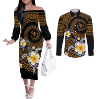 Hawaiian Plumeria Turtle Tribal Spiral Polynesian Tattoo Couples Matching Off The Shoulder Long Sleeve Dress and Long Sleeve Button Shirt Gold Color LT03 Gold - Polynesian Pride