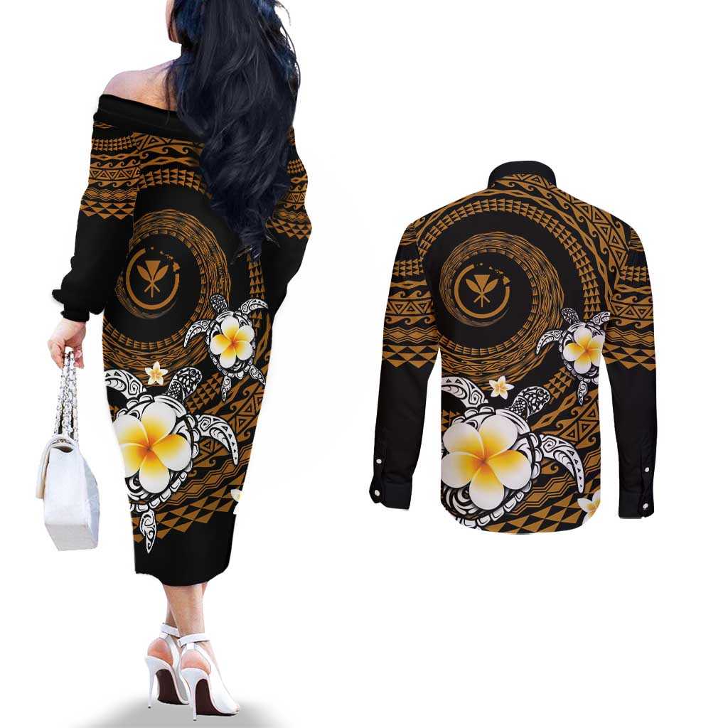Hawaiian Plumeria Turtle Tribal Spiral Polynesian Tattoo Couples Matching Off The Shoulder Long Sleeve Dress and Long Sleeve Button Shirt Gold Color LT03 - Polynesian Pride