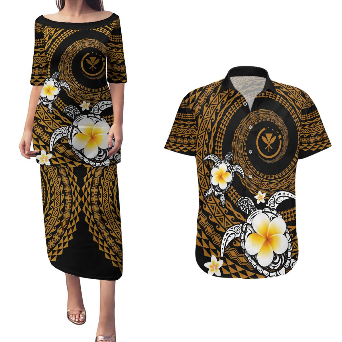 Hawaiian Plumeria Turtle Tribal Spiral Polynesian Tattoo Couples Matching Puletasi and Hawaiian Shirt Gold Color LT03 Gold - Polynesian Pride