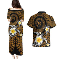 Hawaiian Plumeria Turtle Tribal Spiral Polynesian Tattoo Couples Matching Puletasi and Hawaiian Shirt Gold Color LT03 - Polynesian Pride