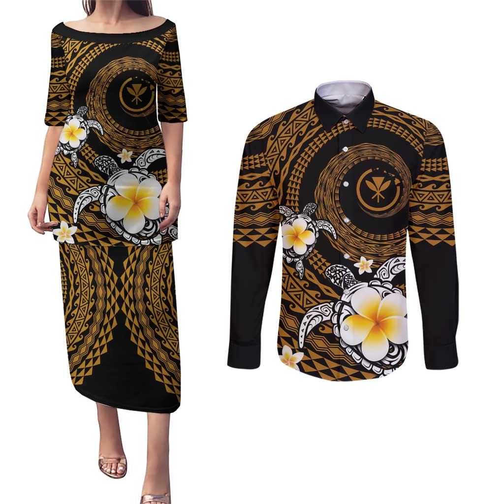 Hawaiian Plumeria Turtle Tribal Spiral Polynesian Tattoo Couples Matching Puletasi and Long Sleeve Button Shirt Gold Color