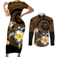 Hawaiian Plumeria Turtle Tribal Spiral Polynesian Tattoo Couples Matching Short Sleeve Bodycon Dress and Long Sleeve Button Shirt Gold Color LT03 Gold - Polynesian Pride