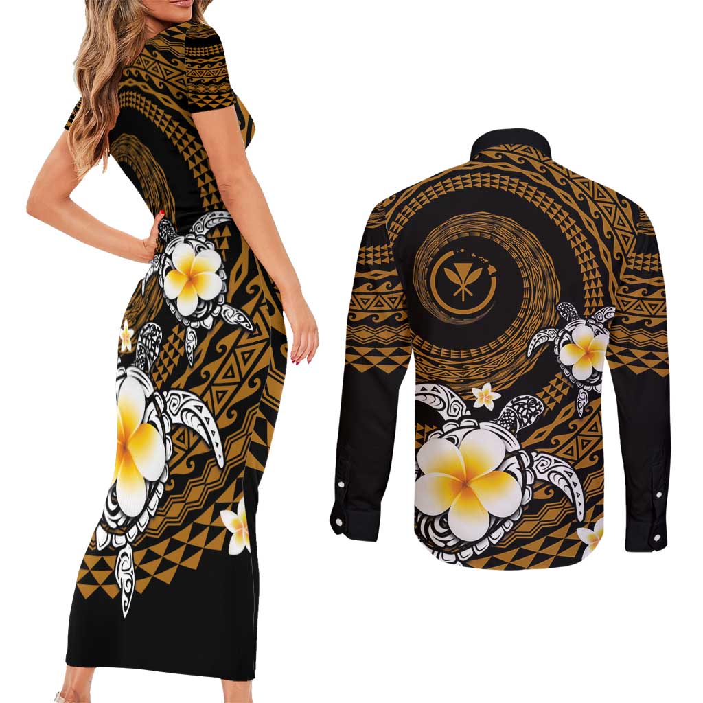 Hawaiian Plumeria Turtle Tribal Spiral Polynesian Tattoo Couples Matching Short Sleeve Bodycon Dress and Long Sleeve Button Shirt Gold Color LT03 - Polynesian Pride