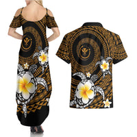 Hawaiian Plumeria Turtle Tribal Spiral Polynesian Tattoo Couples Matching Summer Maxi Dress and Hawaiian Shirt Gold Color LT03 - Polynesian Pride