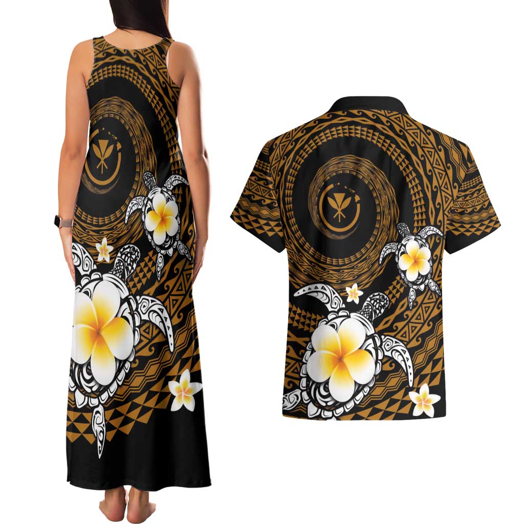 Hawaiian Plumeria Turtle Tribal Spiral Polynesian Tattoo Couples Matching Tank Maxi Dress and Hawaiian Shirt Gold Color LT03 - Polynesian Pride