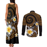 Hawaiian Plumeria Turtle Tribal Spiral Polynesian Tattoo Couples Matching Tank Maxi Dress and Long Sleeve Button Shirt Gold Color LT03 - Polynesian Pride