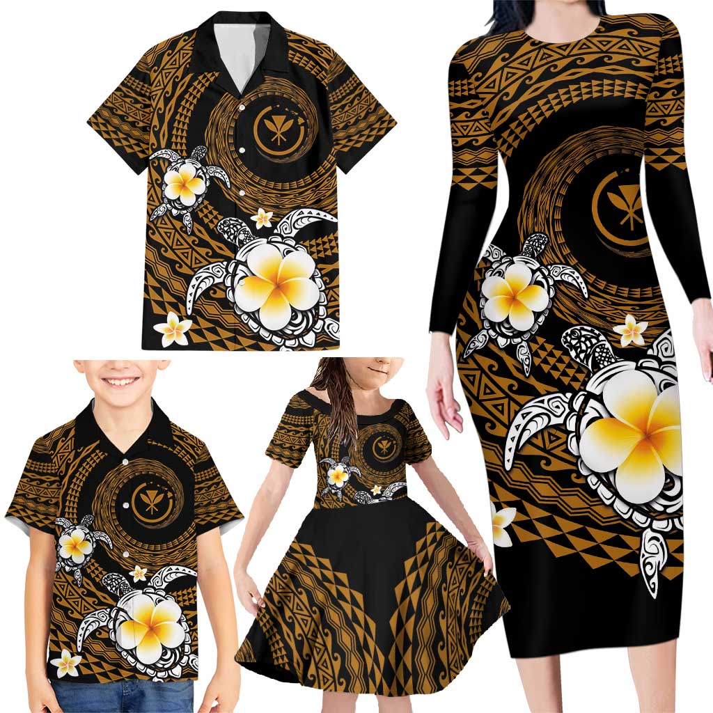 Hawaiian Plumeria Turtle Tribal Spiral Polynesian Tattoo Family Matching Long Sleeve Bodycon Dress and Hawaiian Shirt Gold Color LT03 - Polynesian Pride