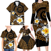 Hawaiian Plumeria Turtle Tribal Spiral Polynesian Tattoo Family Matching Long Sleeve Bodycon Dress and Hawaiian Shirt Gold Color LT03 - Polynesian Pride