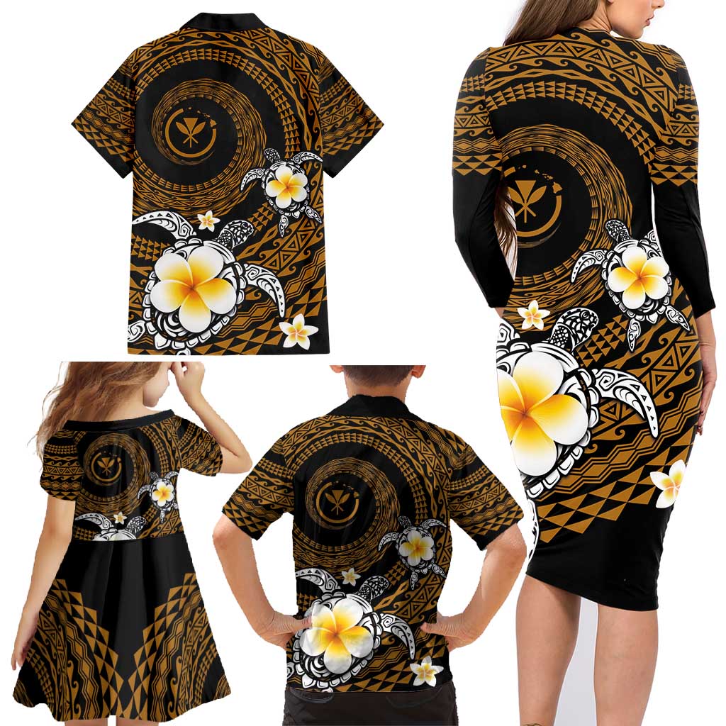 Hawaiian Plumeria Turtle Tribal Spiral Polynesian Tattoo Family Matching Long Sleeve Bodycon Dress and Hawaiian Shirt Gold Color LT03 - Polynesian Pride