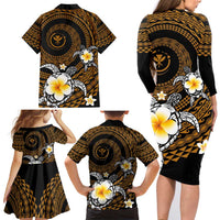 Hawaiian Plumeria Turtle Tribal Spiral Polynesian Tattoo Family Matching Long Sleeve Bodycon Dress and Hawaiian Shirt Gold Color LT03 - Polynesian Pride