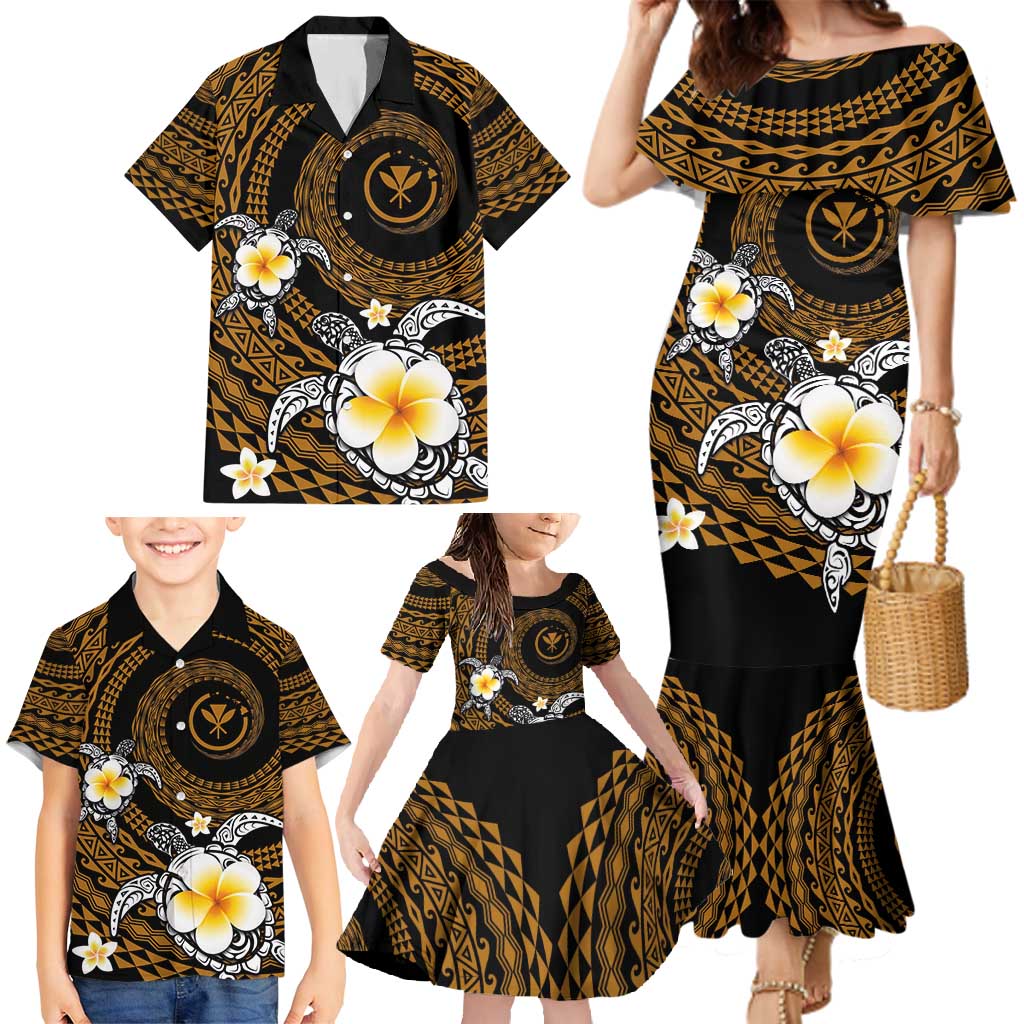 Hawaiian Plumeria Turtle Tribal Spiral Polynesian Tattoo Family Matching Mermaid Dress and Hawaiian Shirt Gold Color LT03 - Polynesian Pride