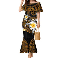 Hawaiian Plumeria Turtle Tribal Spiral Polynesian Tattoo Family Matching Mermaid Dress and Hawaiian Shirt Gold Color LT03 Mom's Dress Gold - Polynesian Pride