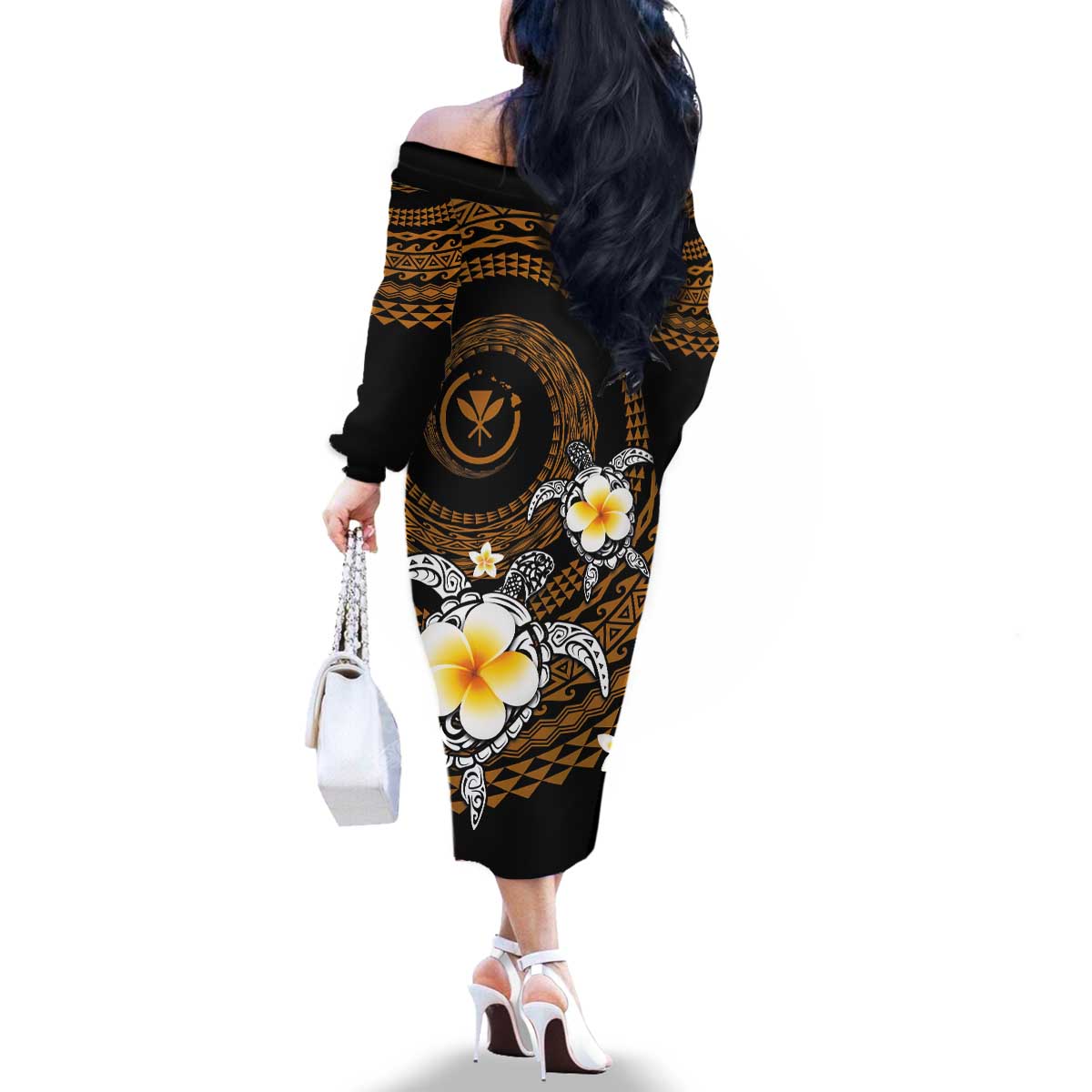 Hawaiian Plumeria Turtle Tribal Spiral Polynesian Tattoo Family Matching Off The Shoulder Long Sleeve Dress and Hawaiian Shirt Gold Color LT03 - Polynesian Pride