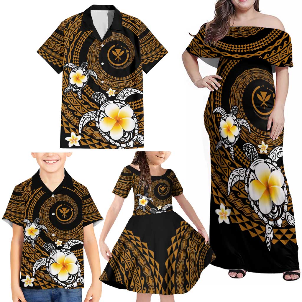 Hawaiian Plumeria Turtle Tribal Spiral Polynesian Tattoo Family Matching Off Shoulder Maxi Dress and Hawaiian Shirt Gold Color LT03 - Polynesian Pride