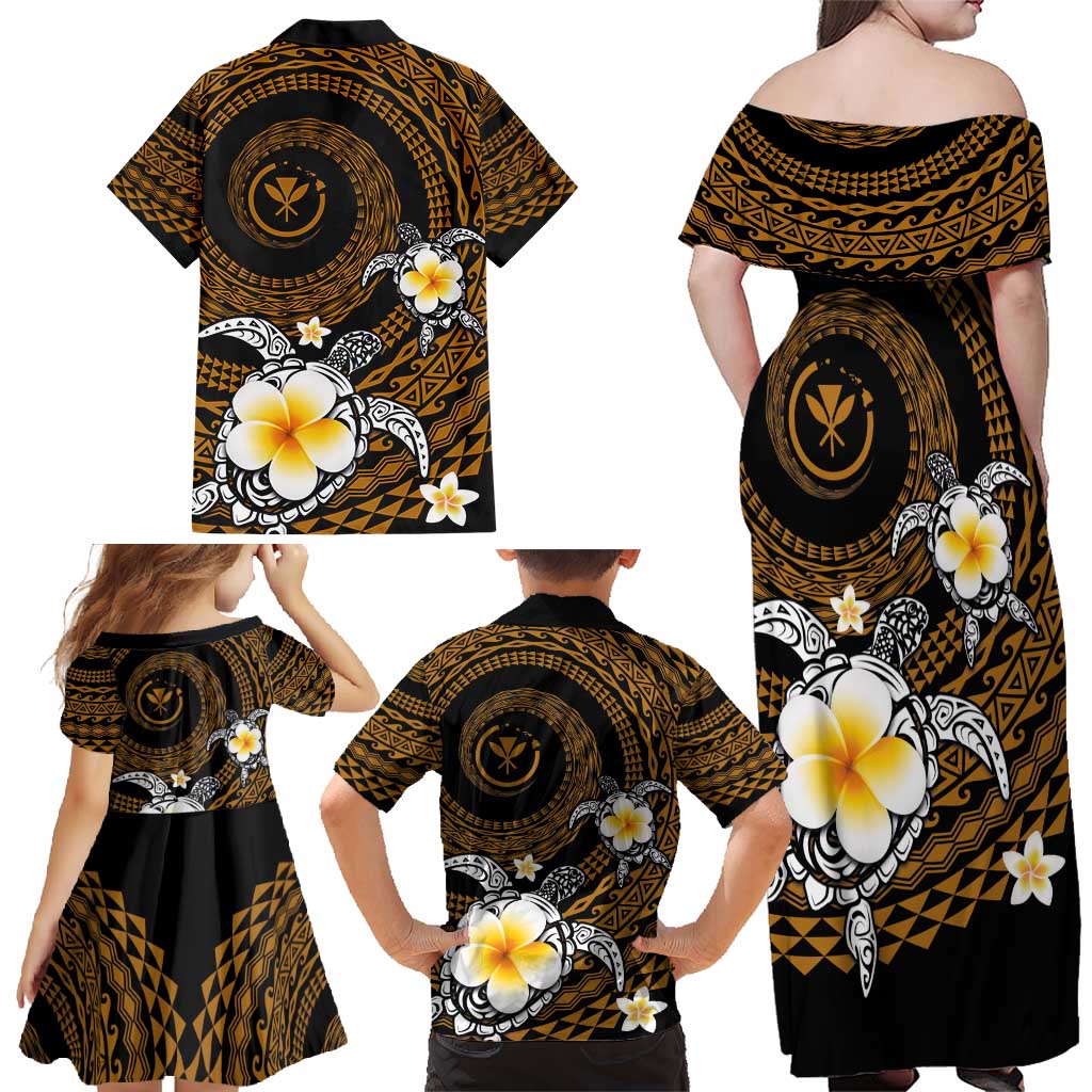 Hawaiian Plumeria Turtle Tribal Spiral Polynesian Tattoo Family Matching Off Shoulder Maxi Dress and Hawaiian Shirt Gold Color LT03 - Polynesian Pride