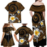 Hawaiian Plumeria Turtle Tribal Spiral Polynesian Tattoo Family Matching Off Shoulder Maxi Dress and Hawaiian Shirt Gold Color LT03 - Polynesian Pride