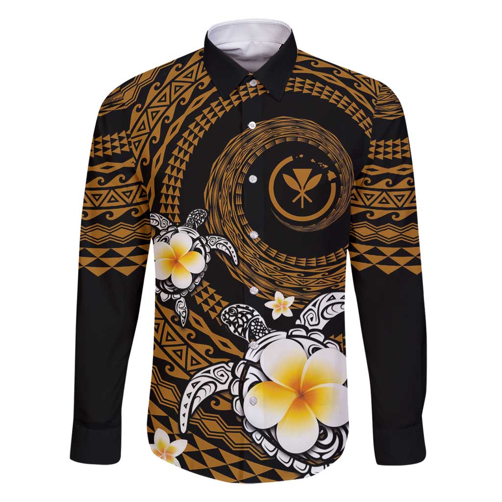 Hawaiian Plumeria Turtle Tribal Spiral Polynesian Tattoo Family Matching Off Shoulder Maxi Dress and Hawaiian Shirt Gold Color LT03 Dad's Shirt - Long Sleeve Gold - Polynesian Pride