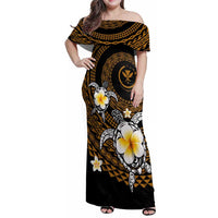 Hawaiian Plumeria Turtle Tribal Spiral Polynesian Tattoo Family Matching Off Shoulder Maxi Dress and Hawaiian Shirt Gold Color LT03 Mom's Dress Gold - Polynesian Pride