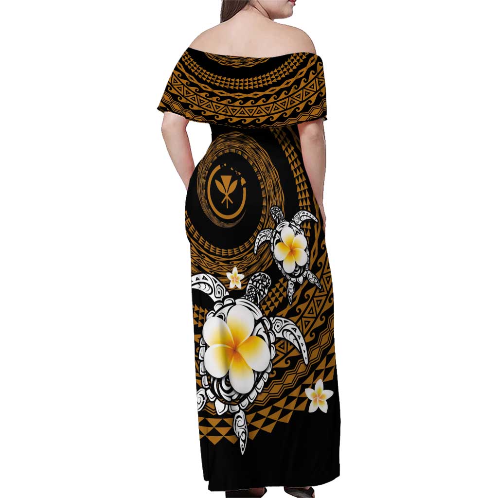 Hawaiian Plumeria Turtle Tribal Spiral Polynesian Tattoo Family Matching Off Shoulder Maxi Dress and Hawaiian Shirt Gold Color LT03 - Polynesian Pride